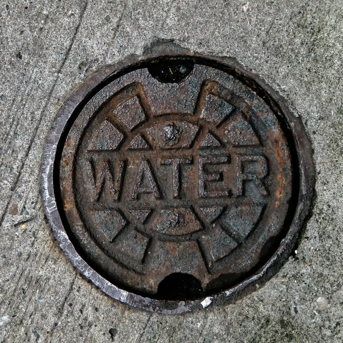 A close-up of a cast-iron 'WATER' service cover set into a concrete sidewalk.